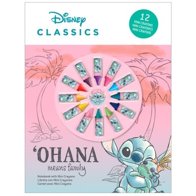 Caderno Disney Classics com 12 mini crayons e ilustração do Stitch