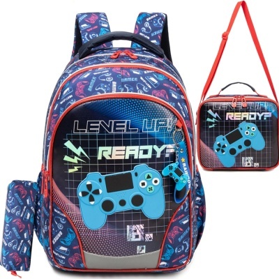 Mochila azul com padrão de comandos e texto LEVEL UP! READY com estojos da mesma coleção