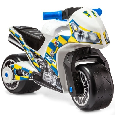 Motociclo de brinquedo com design de polícia e texto POLICE em branco, azul e amarelo