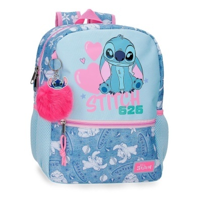 mochila infantil azul com personagem Stitch e chaveiro felpudo cor-de-rosa