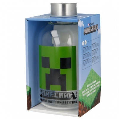 Garrafa de vidro Minecraft com padrão Creeper em embalagem azul