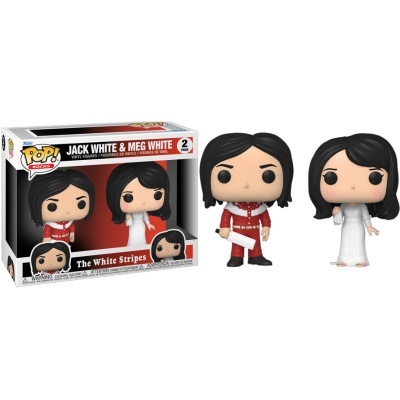 Funko POP! Jack White e Meg White em caixa, figuras com roupas vermelho/branco e branco respectivamente.
