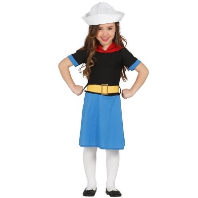 Menina com fato de marinheiro azul, preto e amarelo com chapéu branco