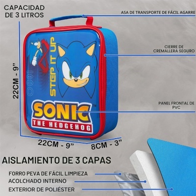 Mala térmica azul do Sonic com painel PVC e fecho de correr vermelho
