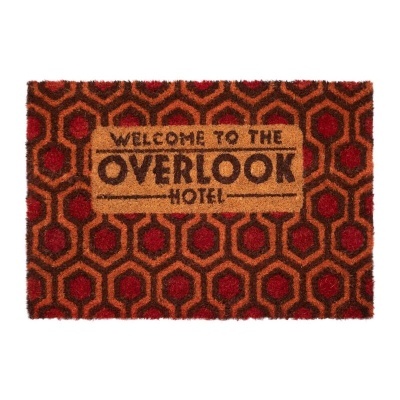 Tapete com padrão geométrico vermelho e castanho e texto 'WELCOME TO THE OVERLOOK HOTEL'
