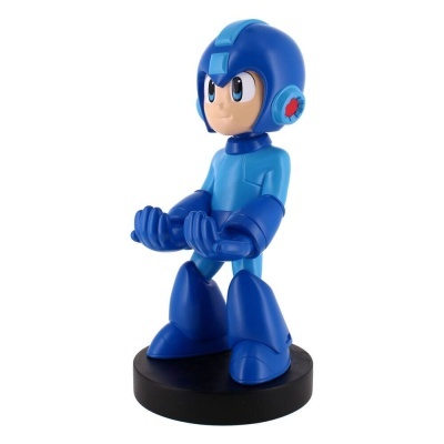 Figura de ação azul do personagem Mega Man sobre base preta