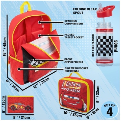Conjunto de mochila, estojo, lancheira e garrafa com tema Lightning McQueen