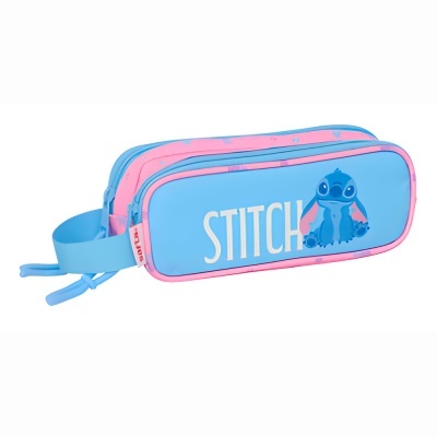 Estojo azul e rosa com personagem Stitch e texto STITCH