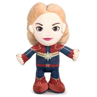 Pelúcia da personagem Captain Marvel com uniforme azul, vermelho e dourado