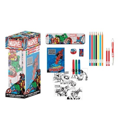 Conjunto de papelaria Marvel colorido com estojo, cadernetas, lápis, canetas, apontador e folhas para colorir