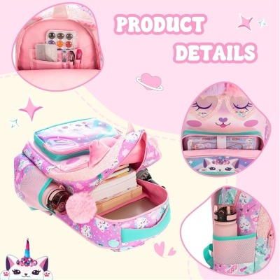 Mochila escolar rosa lilás com padrão unicórnio e bolsos organizadores