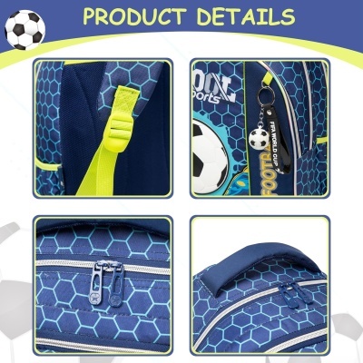 Detalhes da mochila azul com padrão hexagonal, alças amarelas e fechos metálicos.