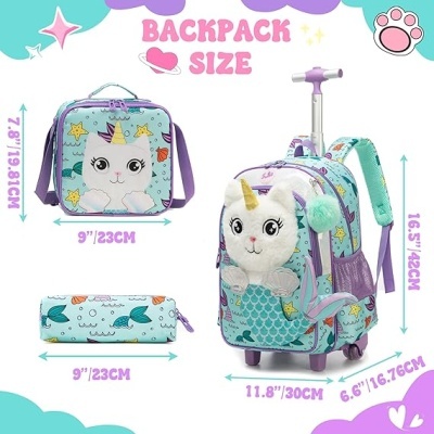 Mochila, lancheira e estojo com padrão de unicórnio sereia em cores azul, lilás e verde