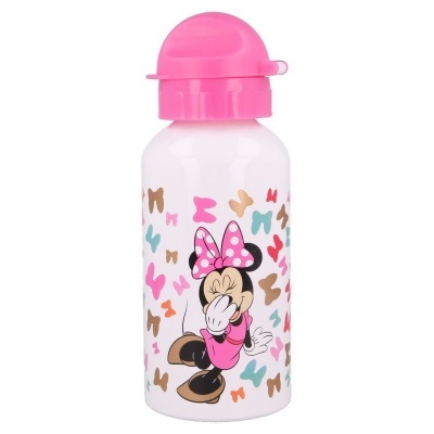 Garrafa de água infantil branca com tampa rosa e desenho da Minnie Mouse com laços coloridos.