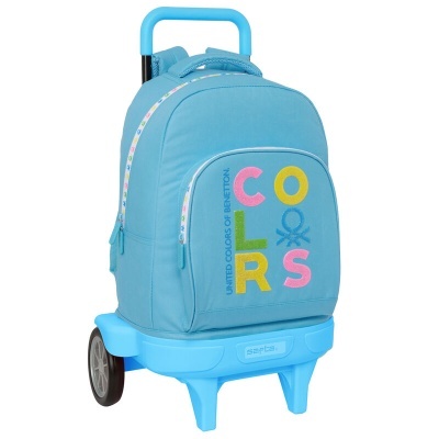 Mochila azul claro com rodas e texto 'COLORS' na frente