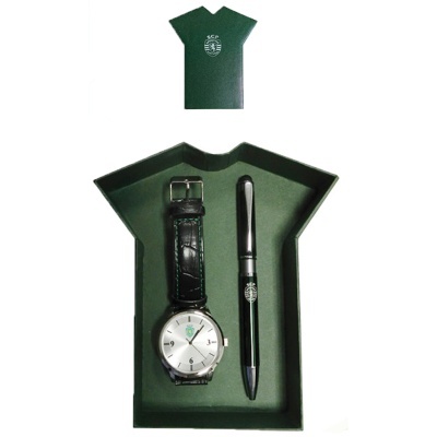 Conjunto relógio e caneta SCP em caixa verde formato t-shirt