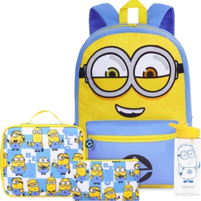 Conjunto infantil de mochila azul e amarela, estojos e garrafa com personagens Minions.