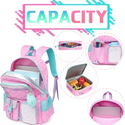 Mochila rosa com vários compartimentos e bolsa térmica para almoço.
