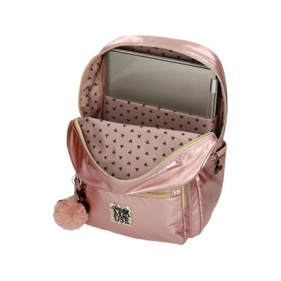 Mochila rosa com interior forrado e portátil dentro