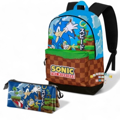 Mochila e estojo com ilustrações do personagem Sonic the Hedgehog em cores castanho, azul e verde.