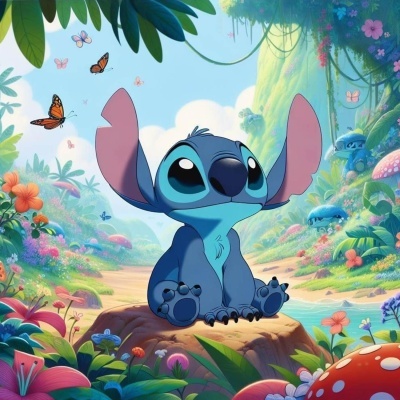 Boneco azul com orelhas rosa sentado numa pedra em floresta colorida com flores e borboletas