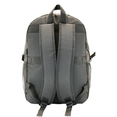 Mochila cinzenta com alças acolchoadas e malha lateral