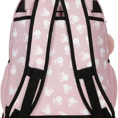 Mochila de carrinho rosa com padrão branco e alças pretas e rodas
