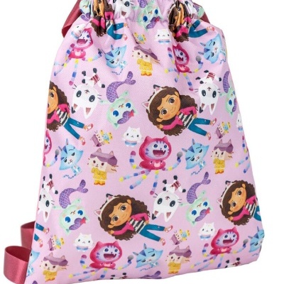 Saco mochila rosa claro com padrão de personagens de desenhos animados coloridos.