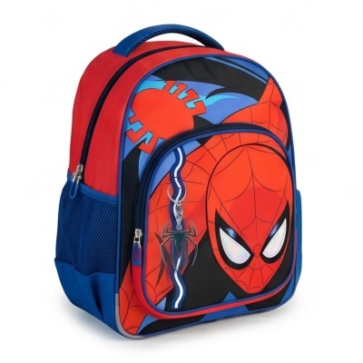 Mochila infantil Homem-Aranha vermelho e azul com símbolo de aranha e bolsa frontal com zíper