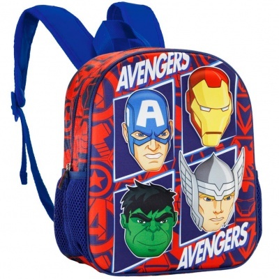 Mochila vermelha e azul com personagens dos Avengers e alças azuis