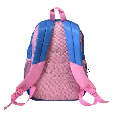 Mochila azul e rosa vista pelas costas com alças e costas acolchoadas