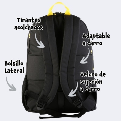 Mochila preta com alças acolchoadas e pega amarela, com texto descritivo em português sobre funcionalidades