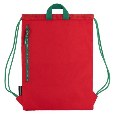 Mochila saco vermelha com alças e pêga verdes e bolso frontal