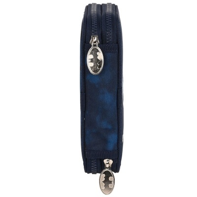 Estojo escolar azul escuro com fechos de correr e símbolo do Batman