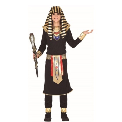 Fato infantil de faraó egípcio com cetro e touca preta e dourada