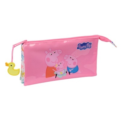 Estojo escolar rosa com estampa das personagens Peppa Pig e pendente de patinho amarelo