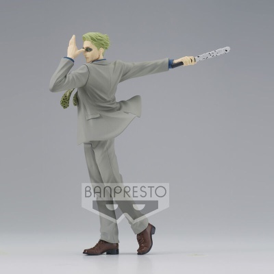 Figura colecionável de personagem com fato cinzento e arma branca