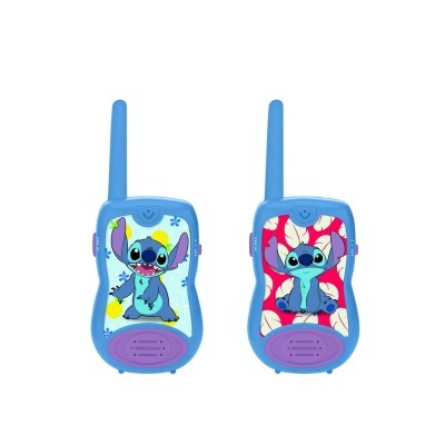 Dois walkie-talkies azuis com personagens Stitch desenhados.