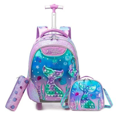 Mochila, lancheira e estojo tema sereia com cauda pop-it em roxo, rosa e azul