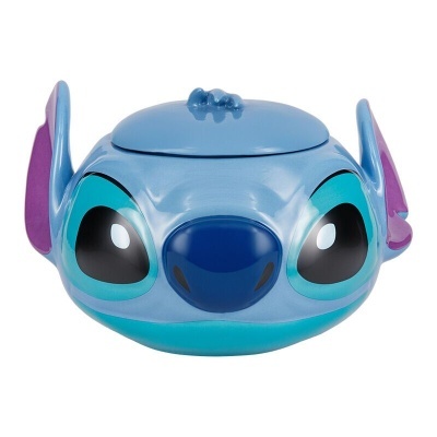 Pote com tampa do personagem Stitch azul com orelhas roxas
