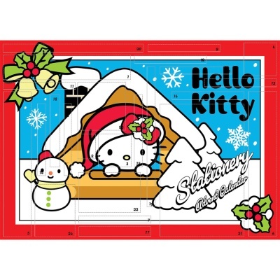 Calendário do Advento Hello Kitty com personagens natalícios em fundo colorido