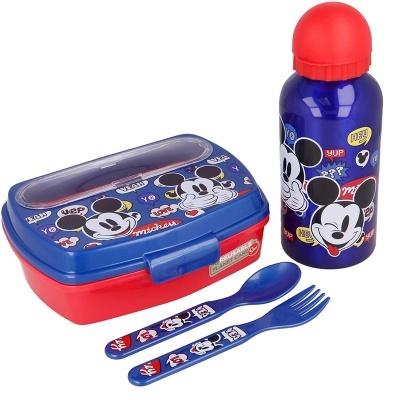 Conjunto de lancheira, garrafa e talheres com padrão de Mickey Mouse e texto em inglês