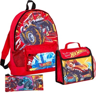 Mochila, lancheira e estojo Hot Wheels com estampas de carrinhos monstruosos coloridos