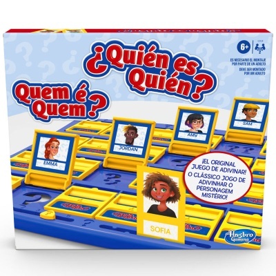 Caixa do jogo ¿Quién es Quién? com cartas de personagens em tabuleiro azul e amarelo