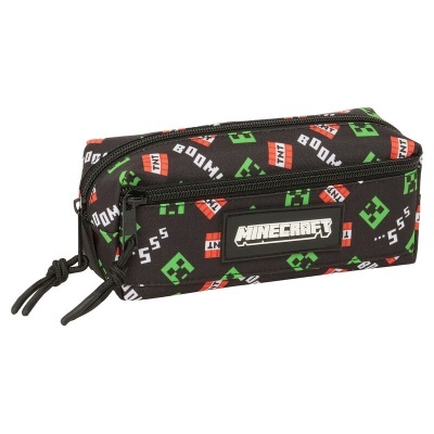 Estojo preto com padrão colorido de Minecraft, fecho de correr preto e etiqueta MINECRAFT