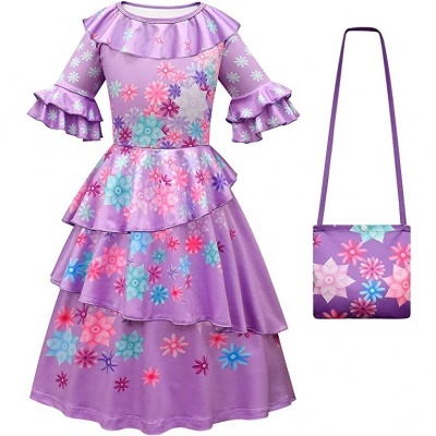 Vestido infantil lilás com padrão floral colorido e pequena bolsa a condizer