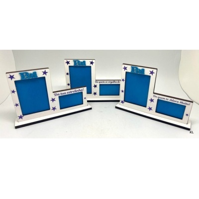 Suportes de fotos brancos com estrelas azuis e a palavra 'Pai!', com espaços para fotos e frases em português.