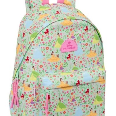 Mochila infantil com padrão de princesas Disney e flores, tiras e fecho rosa