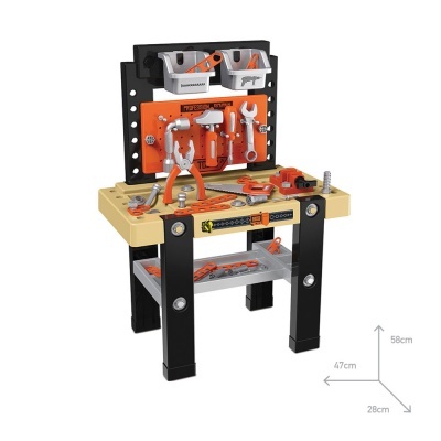 Bancada de ferramentas de brinquedo em plástico com ferramentas laranja e preto
