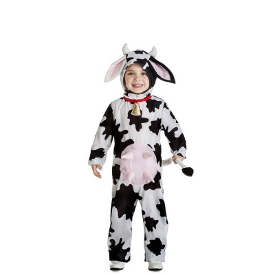 Fato de criança com padrão de vaca preto e branco com capuz e sino